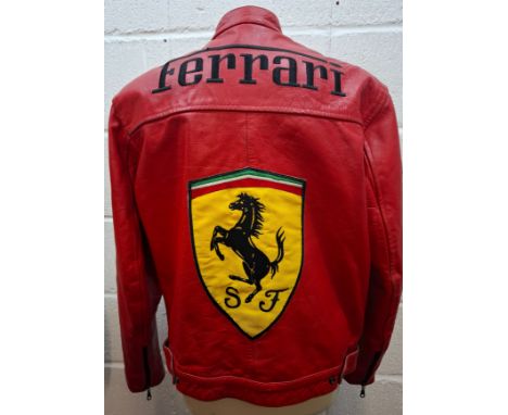 A Top Gear red leather Ferrari racing jacket having Michael Schumacher F1 World Champion in writing to the left collar and Ra