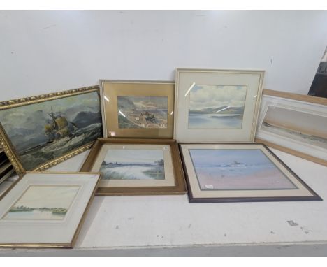 A group of framed and glazed pictures, mainly watercolours depicting harbour, seascape and river scenes, one example title 'B