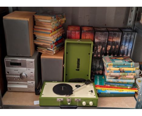 A mixed lot to include Enid Blyton books, Angel VHS tapes, Sony CD player and a Steepletone record playerLocation: If there i