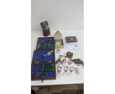 Mixed collectables to include a Webley Olympic 6 starter pistol, knives and forks, a Zippo lighter, a silver plated collapsib