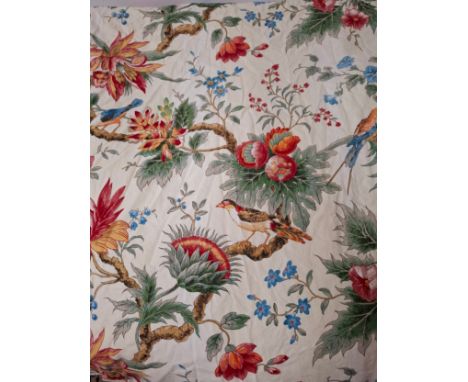 Four pairs of matching lined curtains with gathered heading having images of exotic birds amongst floral branches on a cream 