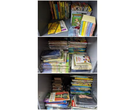 A mixed lot of mainly books to include Dandy, Beano, Rupert, Topper annuals, End Blyton books, Ordnance Survey maps, Giles an