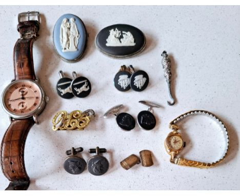 A small group of Wedgwood Jasper ware jewellery to include cufflinks and brooches together with collectables to include a mod