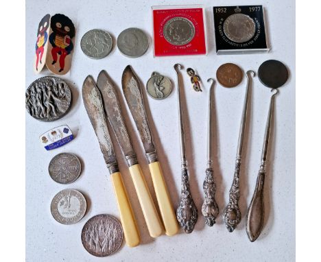 Four silver handled button hooks together with 3 fish knives, 4 commemorative crowns, a Golden Shred Golly sewing kit, a Goll