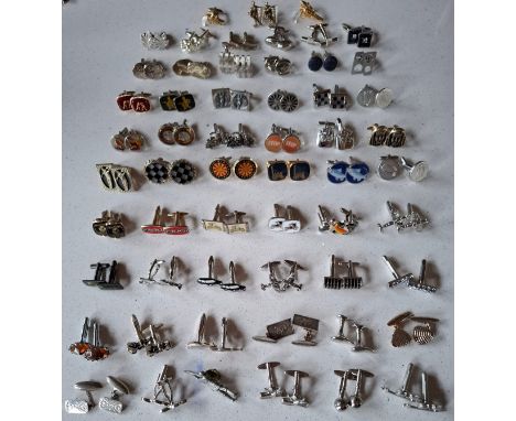 Over 40 pairs of 1970's and later cufflinks to include silver tone and gold tone vehicle, fishing, sports, Canadian maple lea