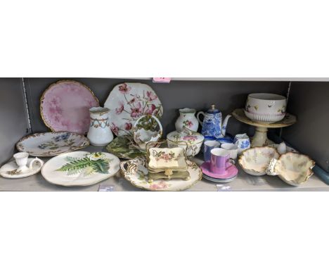 A mixed lot of 19th century and later ceramics to include George Jones crescent china, hand painted floral plates, Spode blue