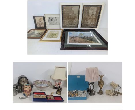 A mixed lot to include a gilt spelter cast ewer, a gilt metal Revival style table lamp and a brass wall sconce, a 19th centur