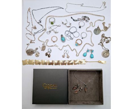 A Clogau silver and silver gilt suite comprising necklace and earrings with Celtic design, a silver herringbone necklace stam
