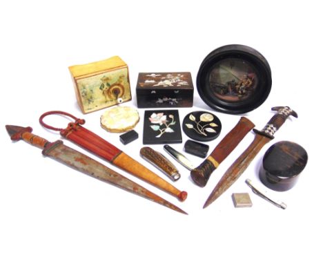 ASSORTED COLLECTABLES  comprising a French musical box, playing three airs, with a hand-wound mechanism, 6.5cm high, 12cm wid