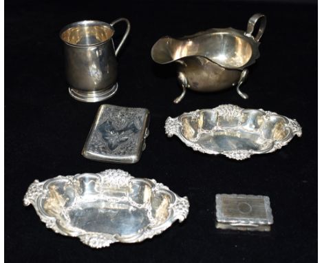 ASSORTED ANTIQUE SILVER ITEMS To include a pad foot sauce boat, an engraved cigarette case and snuff box, tankard (variously 