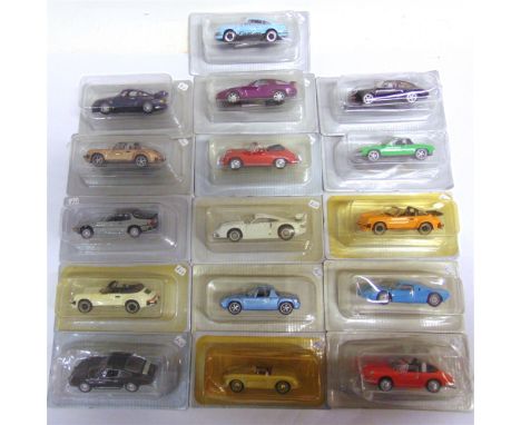 SIXTEEN 1/43 SCALE DE AGOSTINI PORSCHE DIECAST MODEL CARS  each mint or near mint and in original unopened packaging.