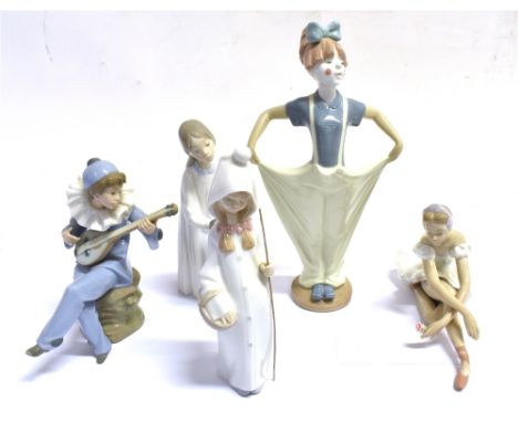 THREE LLADRO FIGURES AND TWO NAO:  Lladro 4678 Sheperdess with basket, 4868 Girl with Candle, 5919 Rose Ballet; Nao 1078 Stru