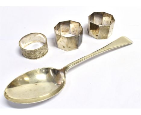 ASSORTED ANTIQUE STERLING SILVER ITEMS To include two octagonal shaped napkin rings, also one silver plate floral chased napk