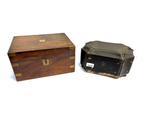 A CHINESE EXPORT PAPIER MACHE TEA CADDY  26cm wide, interior fitted with pair of metal containers; and a brass mounted writin
