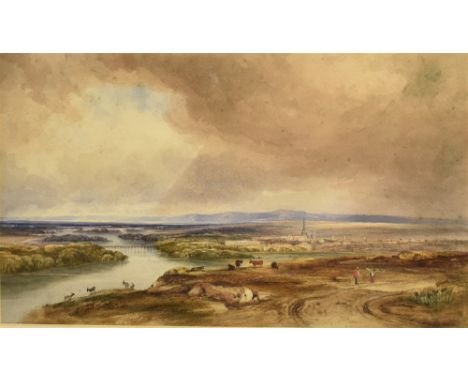 ATTRIBUTED ANTHONY VANDYKE COPLEY FIELDING (1787-1855) Rural landscape with figures, cattle and goats, estuary and town in di