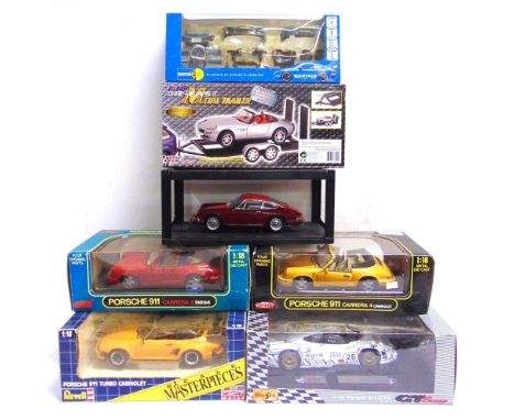 FIVE ASSORTED 1/18 SCALE PORSCHE DIECAST MODEL CARS  each mint or near mint, all but one boxed (one model loose in box; one m