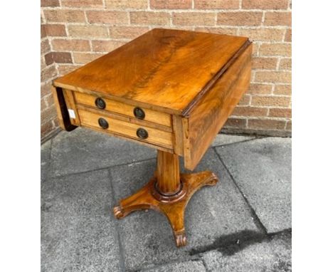 AN EARLY VICTORIAN MAHOGANY DROP-LEAF OCCASIONAL TABLE  fitted with two drawers, on tapering hexagonal pillar support, with a