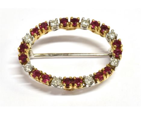 RUBY &amp; DIAMOND OVAL BROOCH 18ct gold oval claw set brooch, 2.5cm long x 2.0cm wide, alternating round mixed cut rubies, e