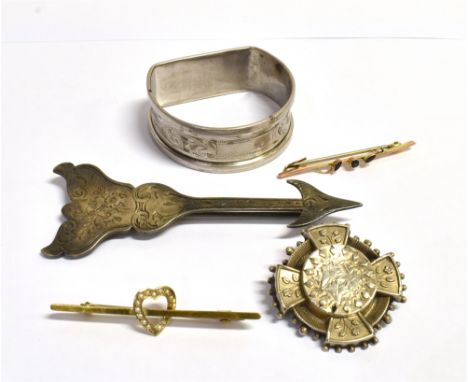 ASSORTED SILVER &amp; 9CT GOLD BROOCHES Two 9ct gold knife edge bar brooches, one set with half seed pearls and the other wit