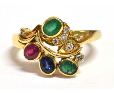 MULTI GEM &amp; DIAMOND 18CT GOLD RING Foliate style head, bezel set with oval mixed cut emeralds, a sapphire and ruby, all o