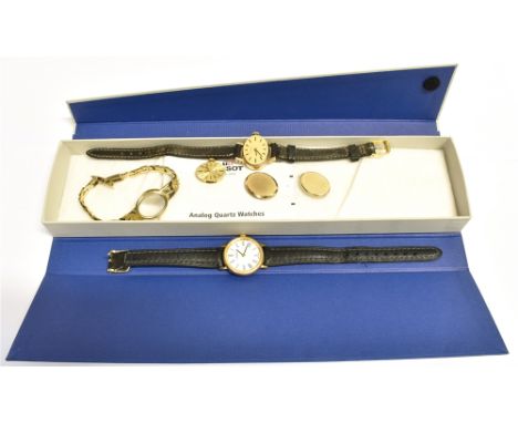 LADIES 9CT GOLD TISSOT WRISTWATCHES Two 9ct gold oval cased Tissot watches, one with leather strap and one with 9ct gold stud