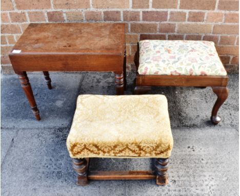 A COMMODE AND TWO STOOLS:  a Victorian mahogany commode with metal liner to interior, on turned supports, 54cm x 33cm, 46cm h