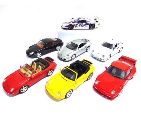 TEN ASSORTED 1/18 SCALE &amp; EIGHT 1/24 SCALE PORSCHE DIECAST MODEL CARS  most mint or near mint, all unboxed, (18).