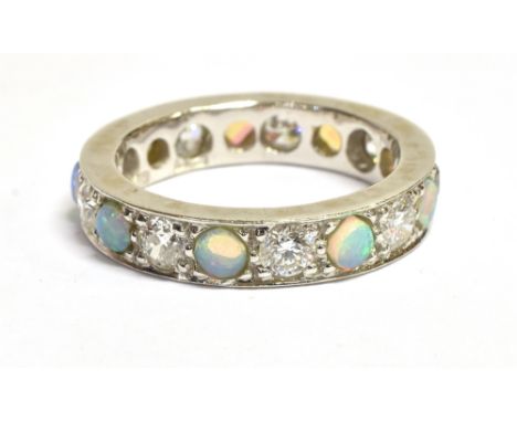 OPAL &amp; DIAMOND ETERINTY RING 18ct white gold 4.9mm wide, fully grain set with round opal cabochons, estimated total 0.31 