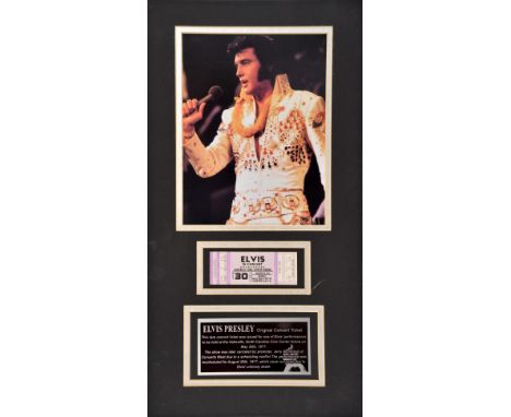 Original unused Elvis Presley 1977 Asheville concert ticket professionally mounted with a plaque & contemporary photo of Elvi