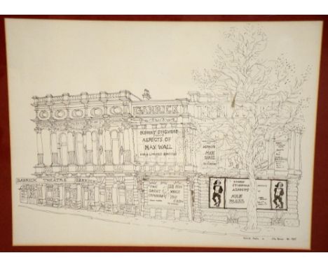 A Pen & Ink drawing of the Garrick Theatre by Spencer in Feb 1975 depicting the facade of the Theatre when Max Wall was perfo