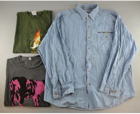 Rolling Stones 'Lips' denim shirt, Pink Floyd T Shirt & a Robert Plant Led Zeppelin T Shirt, all Size L (3)