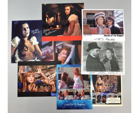 Hammer Horror, Eight signed 10x8 photographs / cards, Collinson Twins x2, Stephanie Powers, Isla Blair, Sue Longhurst, Michel
