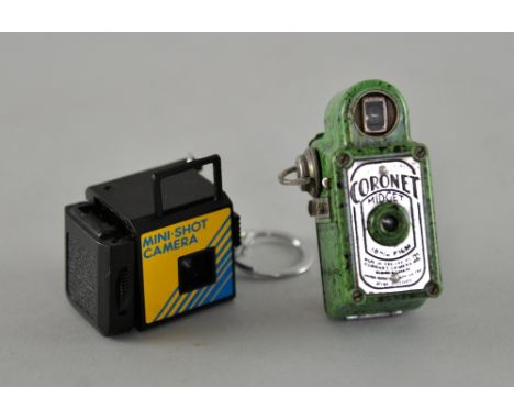 Coronet Midget 16mm Camera in green Bakelite case along with a modern mini-shot camera