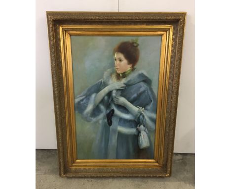 A large portrait of a lady at a masked ball. Oil painting in ornate frame. Not signed. 59 x 90cm