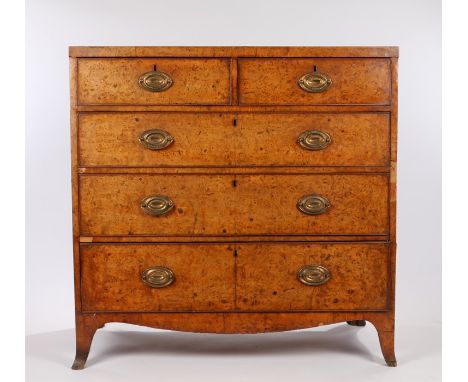 19th Century burr walnut veneered chest of two short and three long drawers, on bracket feet, 105.5cm wide