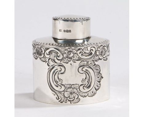 Edward VII silver tea caddy, Sheffield 1902, maker Atkin Brothers, with oval detachable cover, the body with foliate and roco