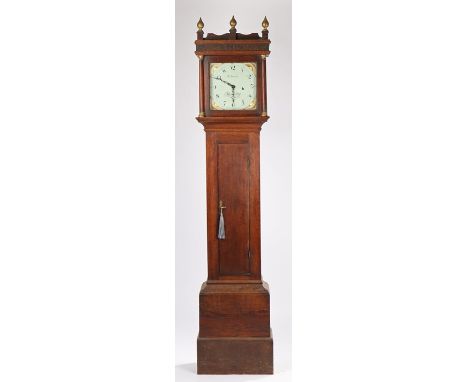 George III oak longcase clock, Swaine Woodbridge the three finial pediment above a glazed door flanked by columns above a lon