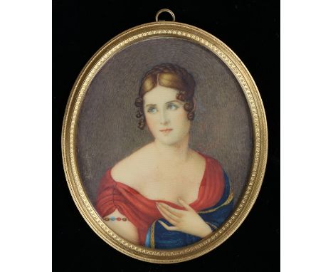 Early 20th Century miniature portrait, of a lady with a red and blue dress, indistinctly signed, 9cm wide
