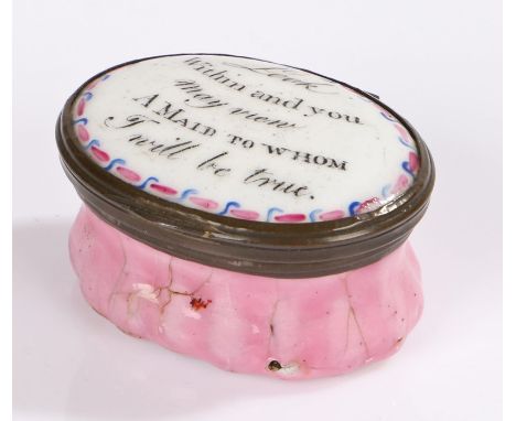 18th Century Bilston enamel patch box, the text to the lid 'Look within and you may view A Maid to whom I will be true' above