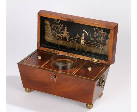 Regency mahogany and satinwood tea caddy, the rectangular top opening ton reveal a Chinese style picture above the compartmen