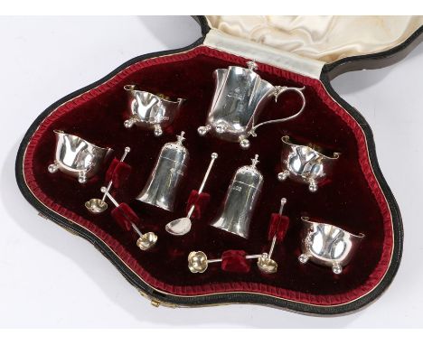 Victorian silver condiment set, London 1899, maker Henry Wilkinson &amp; Co, consisting of four salts and spoons, mustard pot