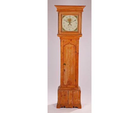 19th Century pine longcase clock, the hood with stepped pediment above glazed door flanked by turned pilasters, the painted d