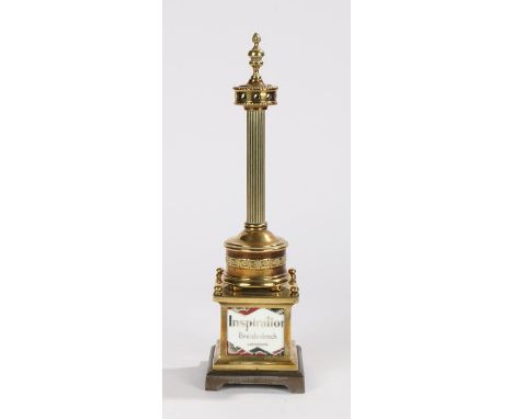 19th Century brass counter-top perfume dispenser for "Inspiration Breidenbach London", in the form of a column with flame fin
