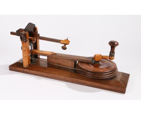 Violin peg hole marking and drilling lathe, with turned wooden handle and stepped turned gear ring, sliding mechanism to the 