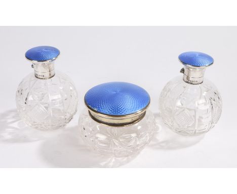 George V silver and enamel dressing table set, Birmingham 1927, maker Mappin & Webb, with blue enamel engine turned lids, con