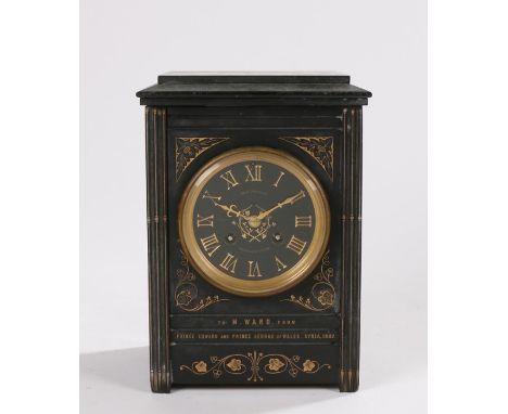 Victorian Royalty interest black slate mantel clock, the rectangular case with gilt heightened decoration and the text To M. 