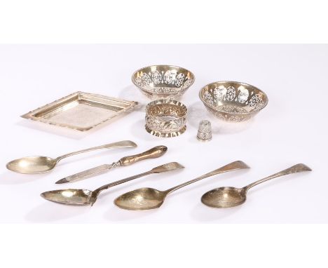 Silver, various dates and makers, to include diamond shaped dish, two circular baskets, napkin ring, four silver teaspoons, t