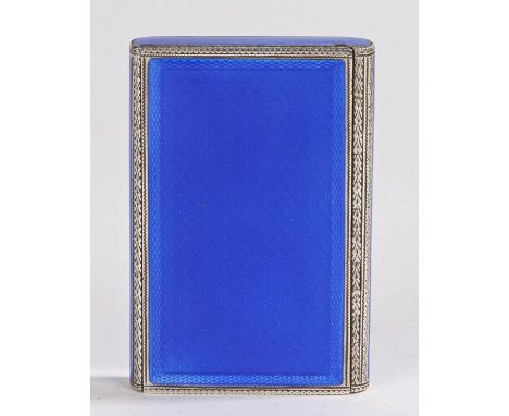 Continental silver guilloche enamel box, with blue enamel exterior, sliding mechanism opening to reveal the gilt interior, st