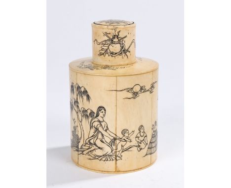 19th Century bone tea caddy, decorated with foliate swags and European figures playing in a garden, 10cm high 