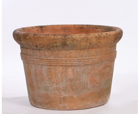Terracotta garden pot, of large proportions, the circular tapering pot with ring design, 62cm wide, 43cm high